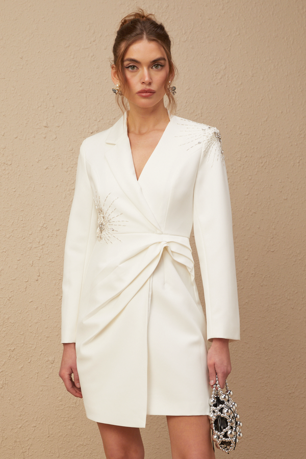 Mireille white embellished asymmetrical blazer dress