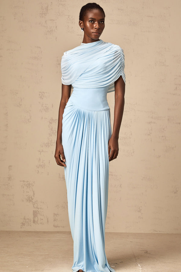 Catherine asymmetrical pleated maxi dress in Baby-blue