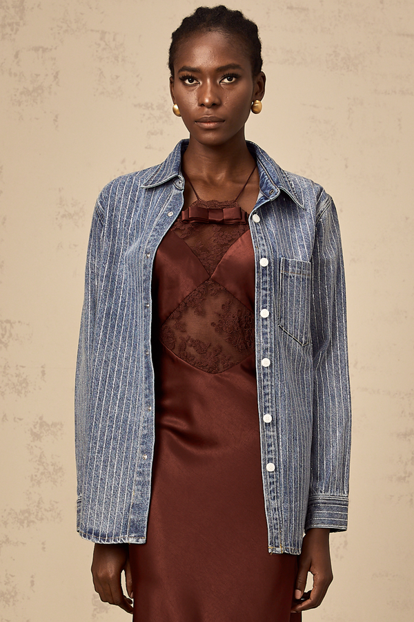 Joséphine blue embellished vertical-stripe denim shirt