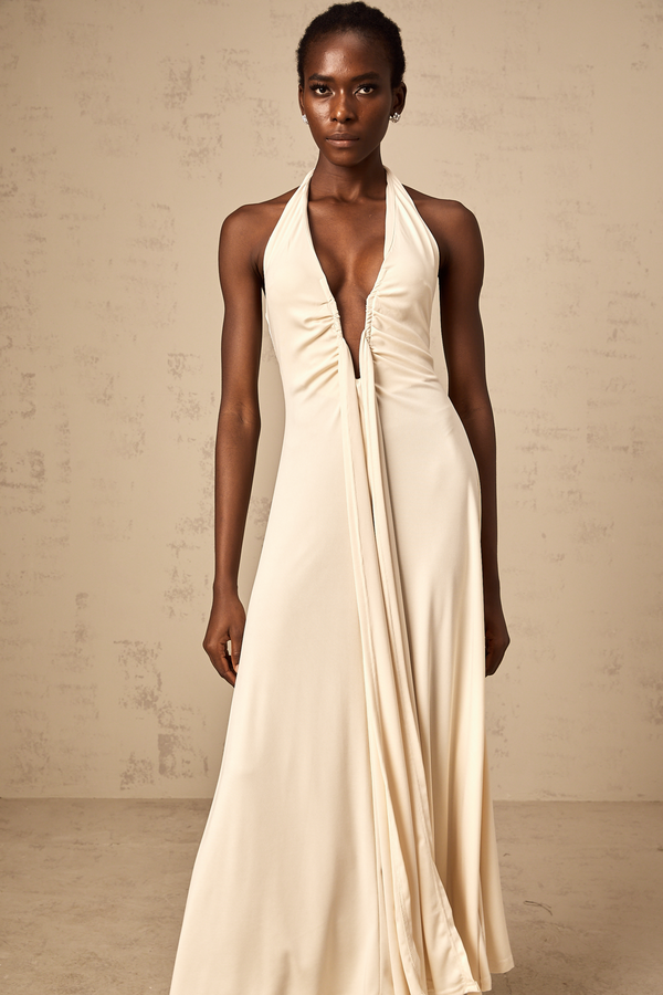 Géraldine white deep V-neck draped maxi dress