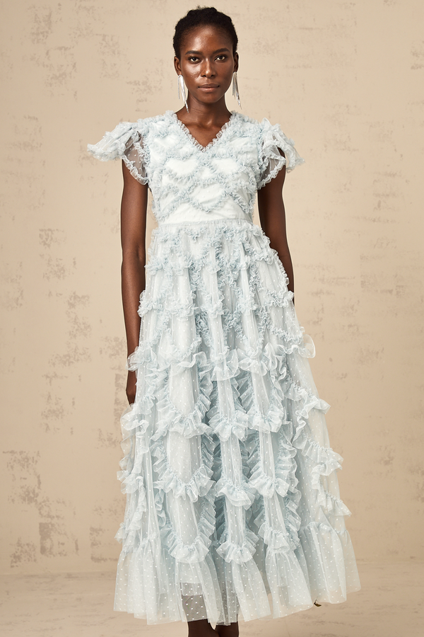 Corinna blue dot-detail ruffled midi dress (US Only)