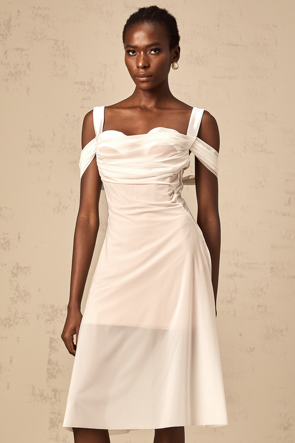 Gloria white semi-sheer ruched midi dress (US Only)