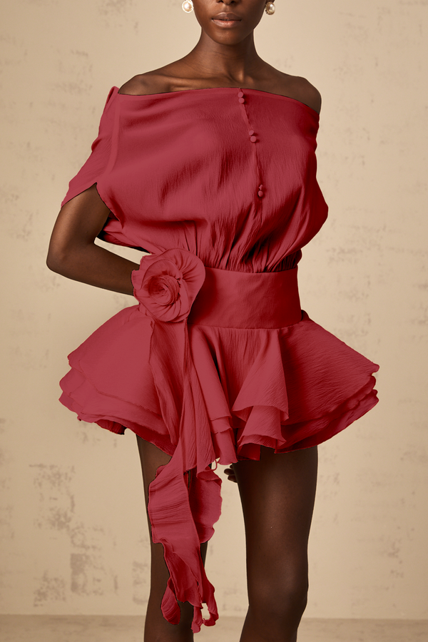 Amélie Red Floral Appliqué Flounced Mini Dress