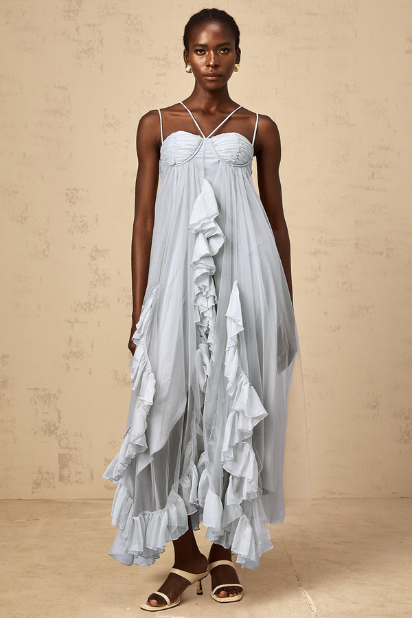 Colette layered ruffled tulle maxi dress in Blue