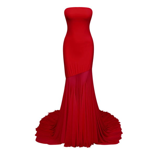 Josiane red off-shoulder sheer tulle maxi dress