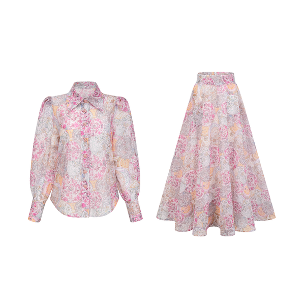 Cherry pink pattern-print shirt & skirt matching set