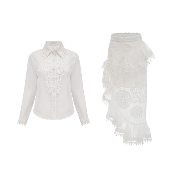 Renée white semi-sheer shirt & skirt matching set (US Only)