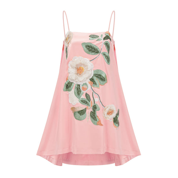 Avril Pink Floral Embroidered Satin Mini Dress