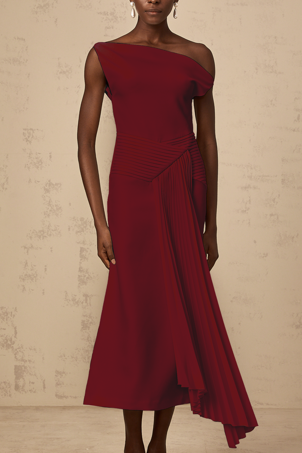 Laurine asymmetrical draped midi dress in Burgundy