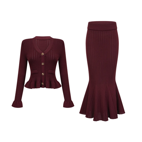 Corrine red ruffled knit top & skirt matching set