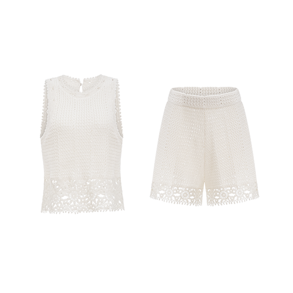 Gisèle White Floral Appliqué Crochet Knit Two-Piece Top and Shorts Set