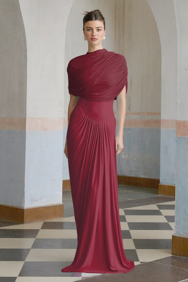 Catherine asymmetrical pleated maxi dress in Red