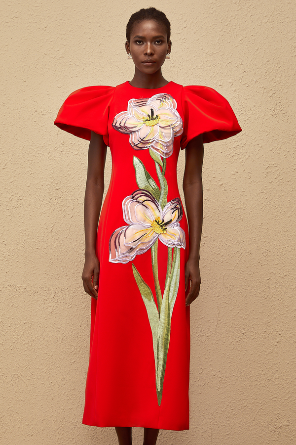 Irène Red Sequined Floral Embroidered Midi Dress