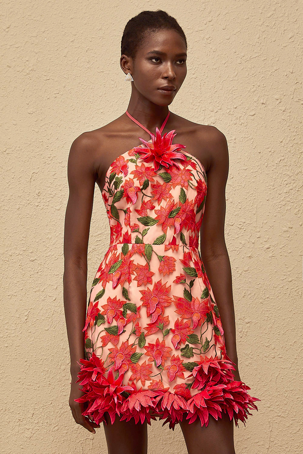 Doriane Red Halterneck Floral Embroidered Mini Dress