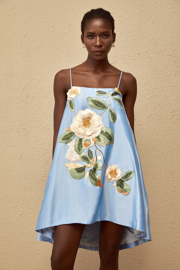 Avril Blue Floral Embroidered Satin Mini Dress