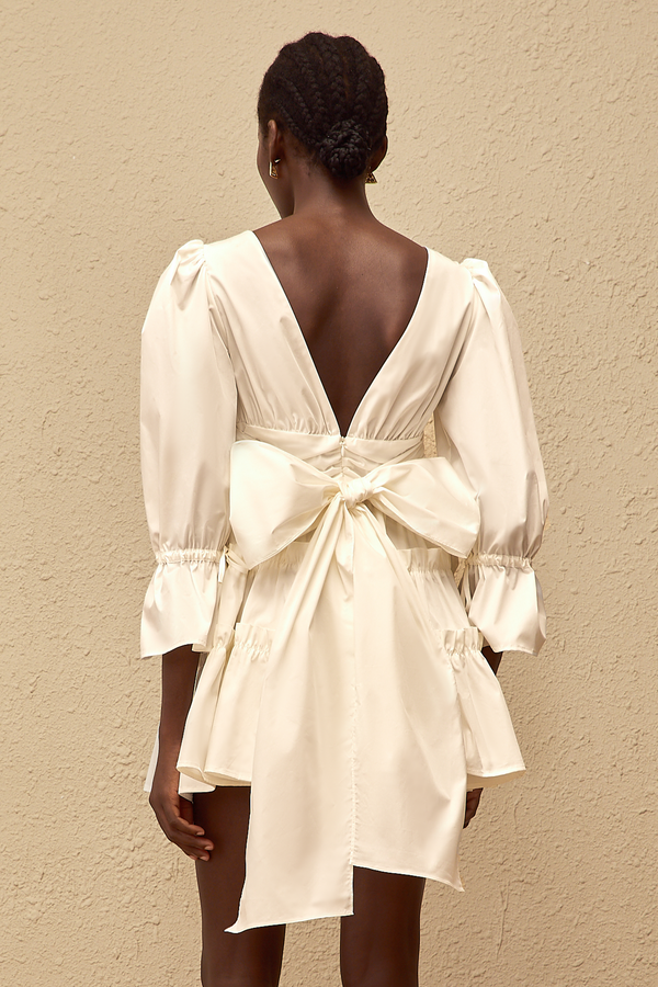 Jutta White Bowknot Shirred Mini Dress