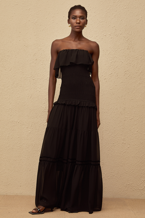 Karoliina Black Off-Shoulder Smocked Panel Maxi Dress