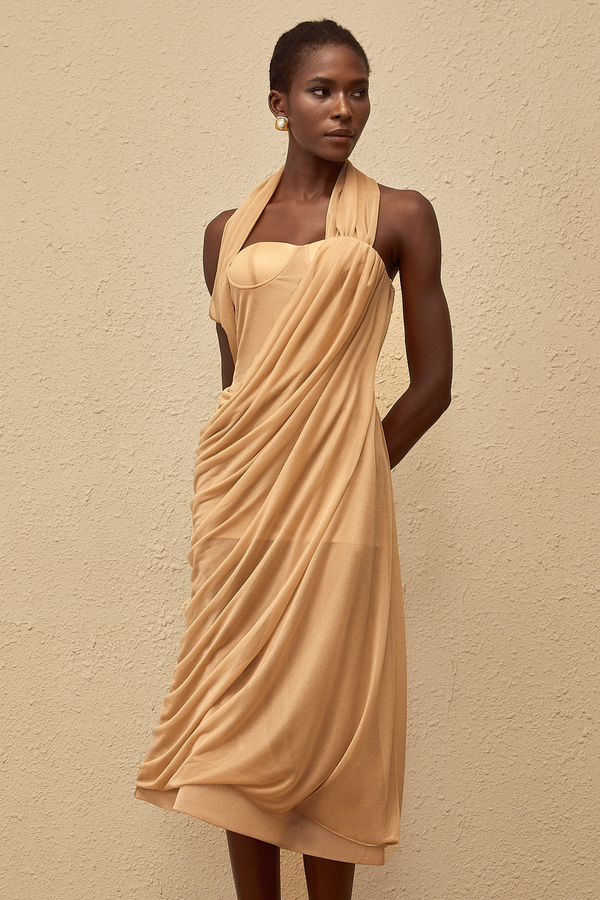 Mielikki Khaki Asymmetrical Tulle Panel Midi Dress