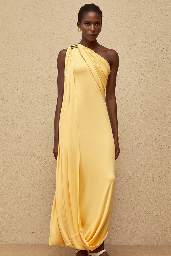 Garance Yellow Draped Asymmetrical Maxi Dress