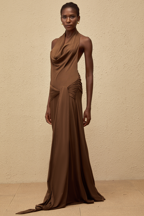 Minna Brown Halterneck Twisted Maxi Dress