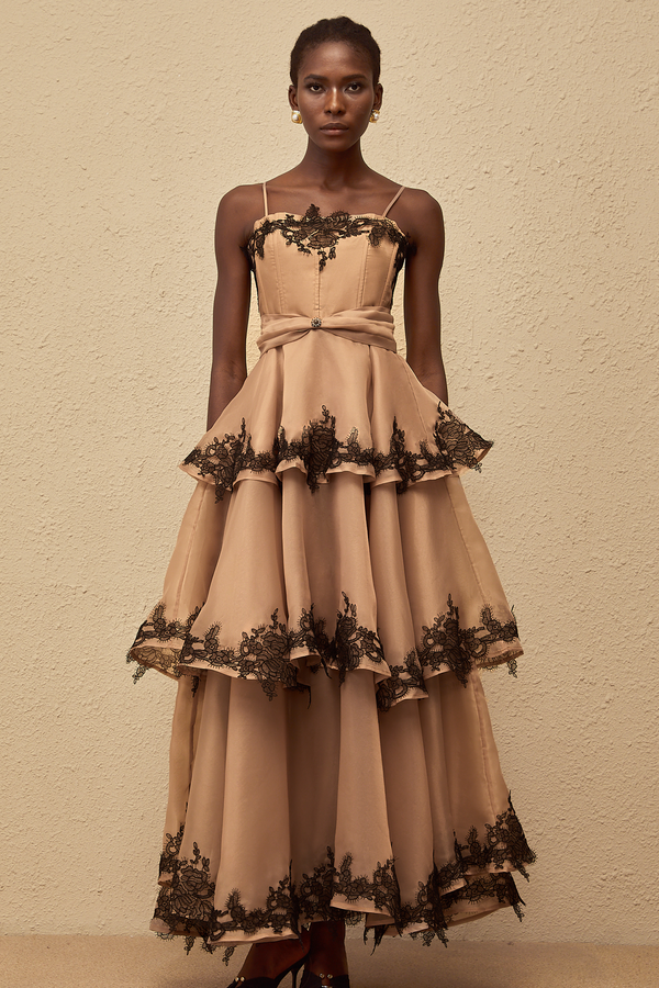 Frideborg Brown Tiered Tulle Maxi Dress