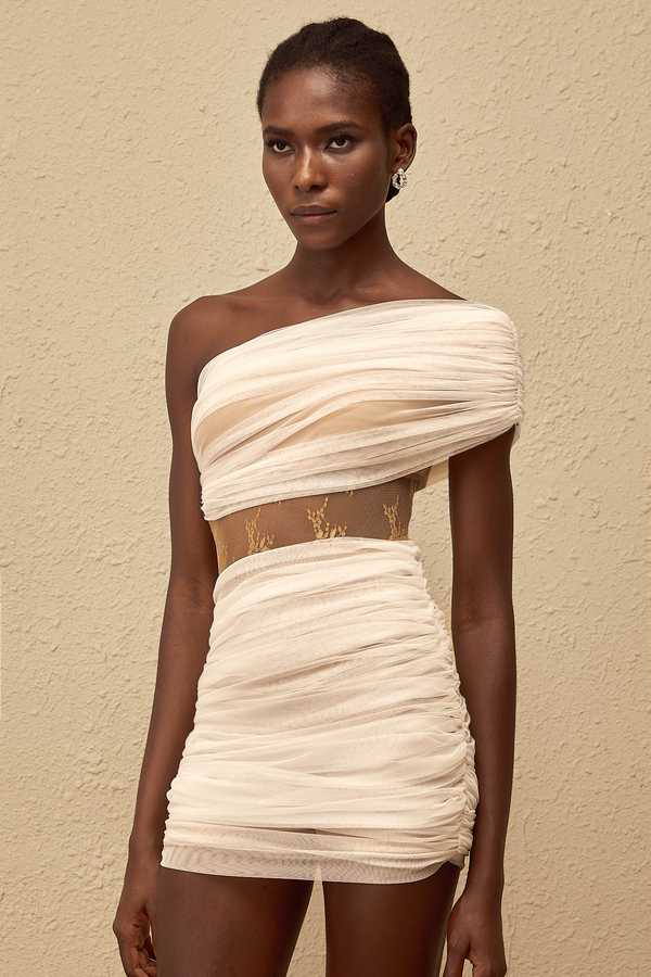 Ophélie White Ruched Tulle Mini Dress