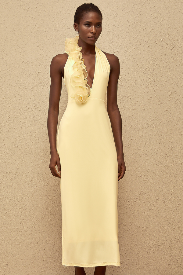 Brume Yellow Halterneck 3D Petal Maxi Dress