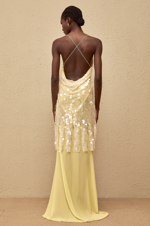 Joyau Yellow Sequin Mesh Maxi Dress