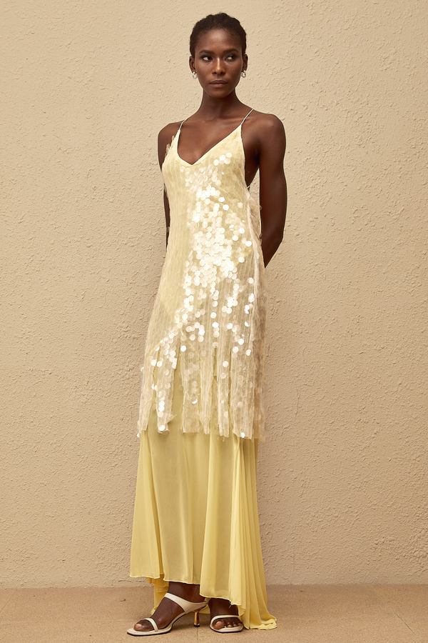 Joyau Yellow Sequin Mesh Maxi Dress