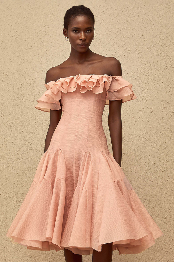 Margarita Pink Godet Ruffled Midi Dress