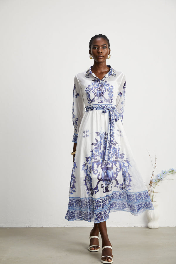 Isabelle pattern-print cinch-waist midi dress