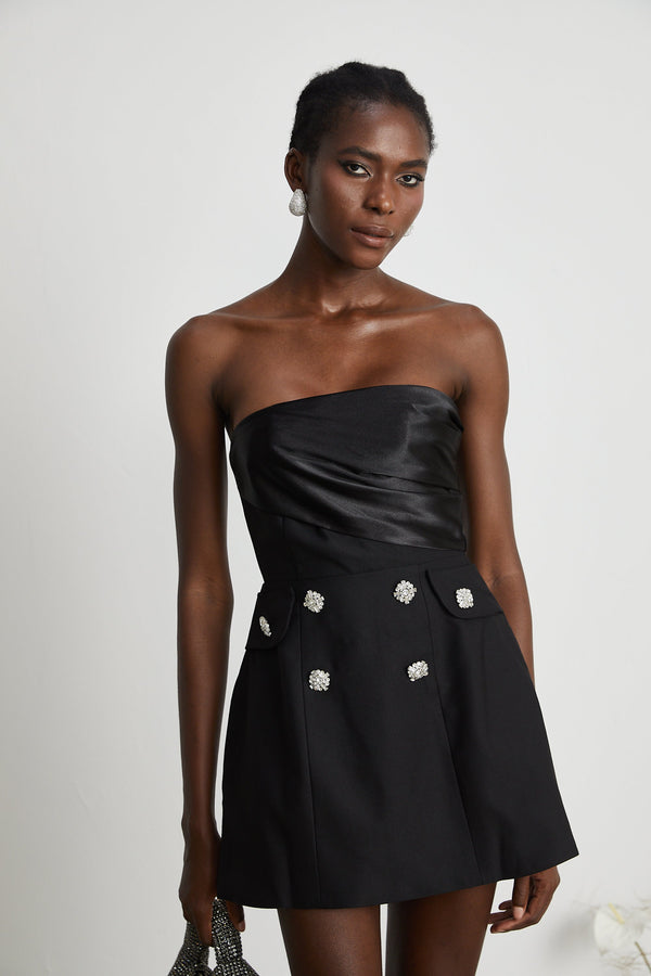 Mealla black crystal-button flared mini dress