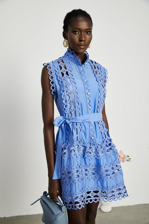 Mireille Blue Cut-out Belted Mini Dress
