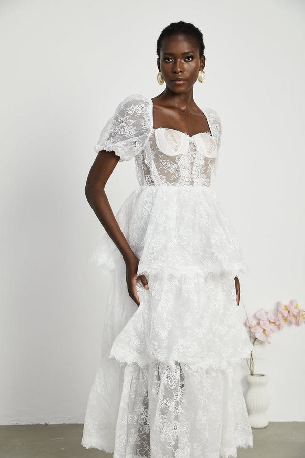 Mélisande white lace tiered maxi dress