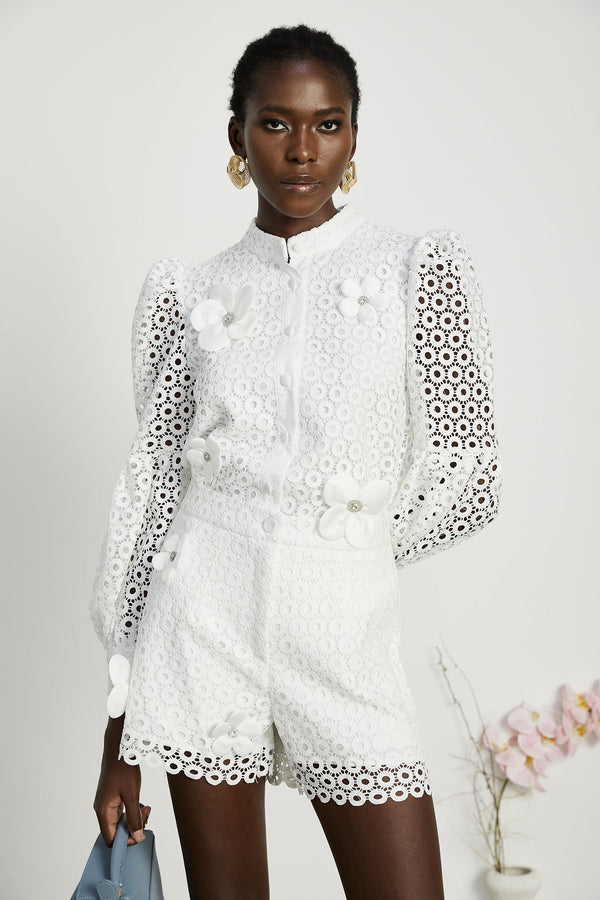 Calla faux-flower cut-out blouse & shorts matching set