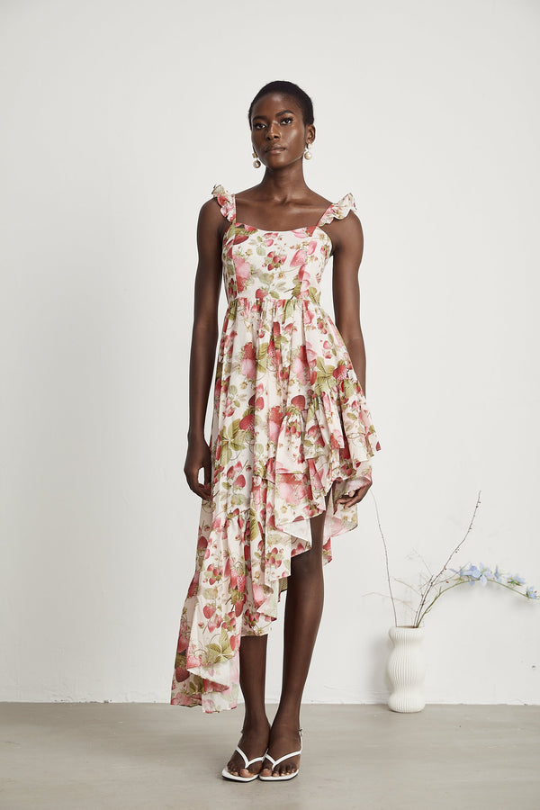 Vivien strawberry-print asymmetrical midi dress (US Only)
