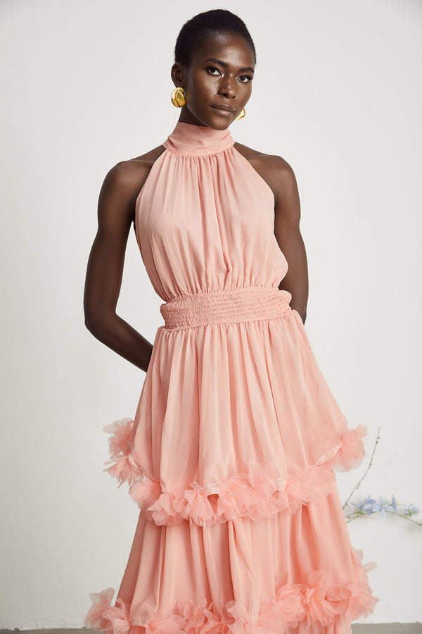 Micah pink 3D-petal tiered midi dress (US Only)