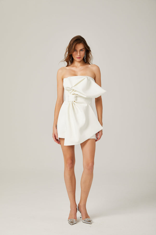 Charla white oversize-bow asymmetrical mini dress