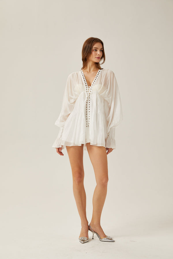 Yvonne V-neck front-tie semi-sheer mini dress (US Only)