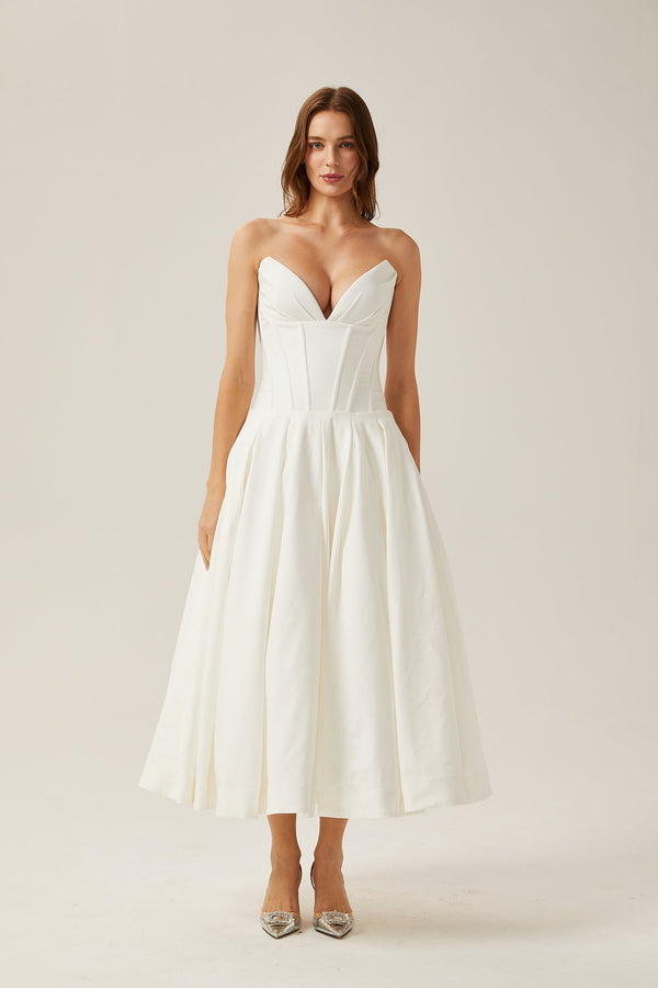Katherine White Off-Shoulder Corset Midi Dress