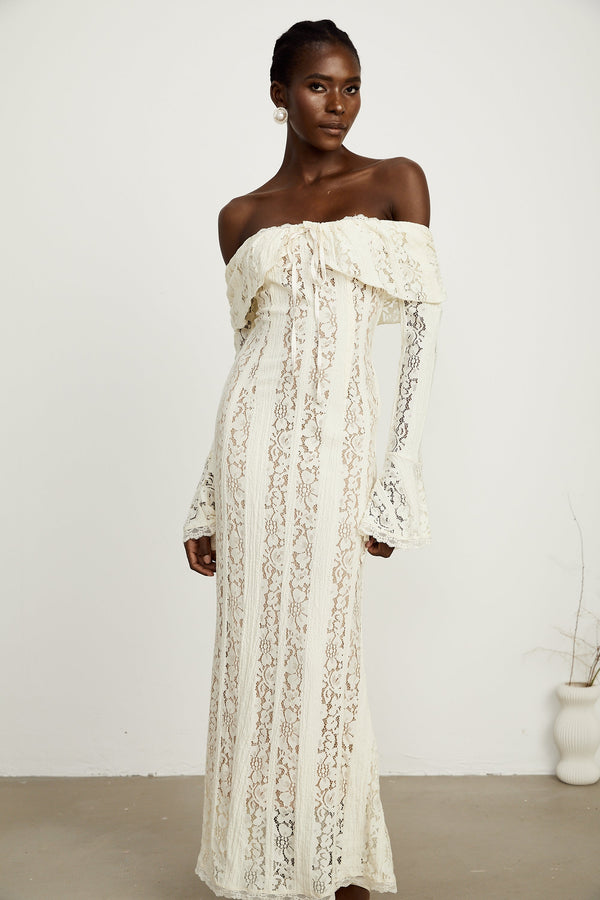 Émeline floral lace flared-cuff maxi dress in Neutrals