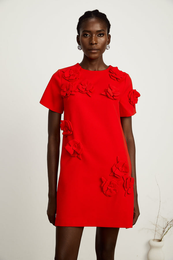 Calista red floral-detail short-sleeve mini dress