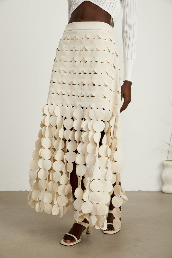Hanna disc-design fringed maxi skirt in Neutrals