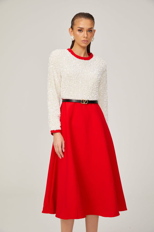 Chloé red long-sleeve sequined patchwork midi dress (US Only)