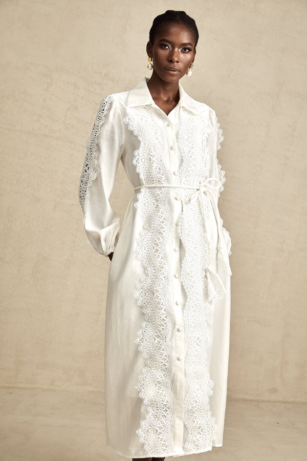 Colette white lace-detail tied-waist midi dress