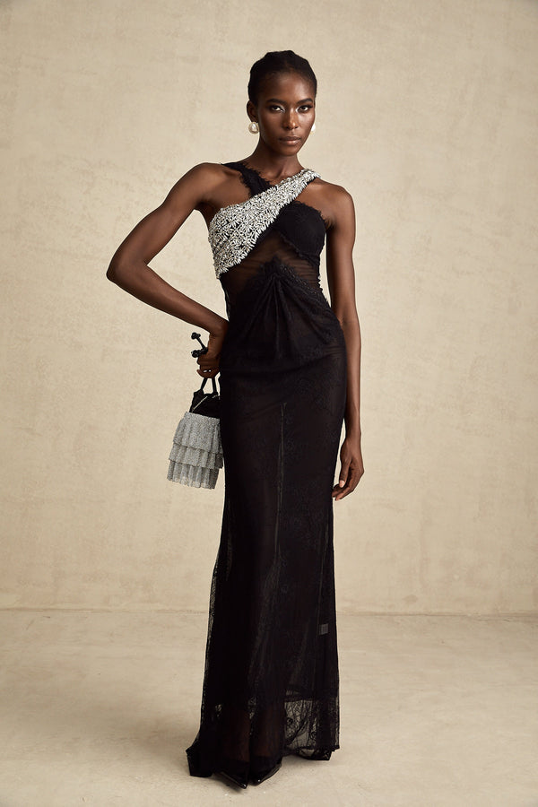 Irène black crossover crystal-embellished maxi dress