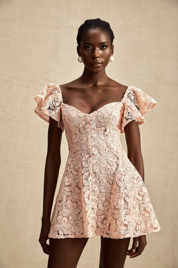 Esmée flutter-sleeve lace mini dress in Pink (US Only)