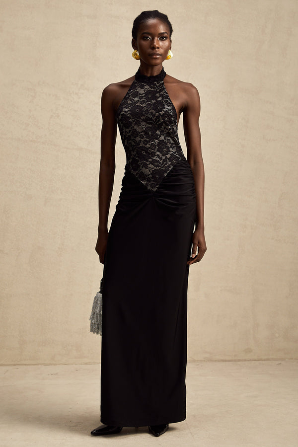 Camille black halterneck floral-lace maxi dress