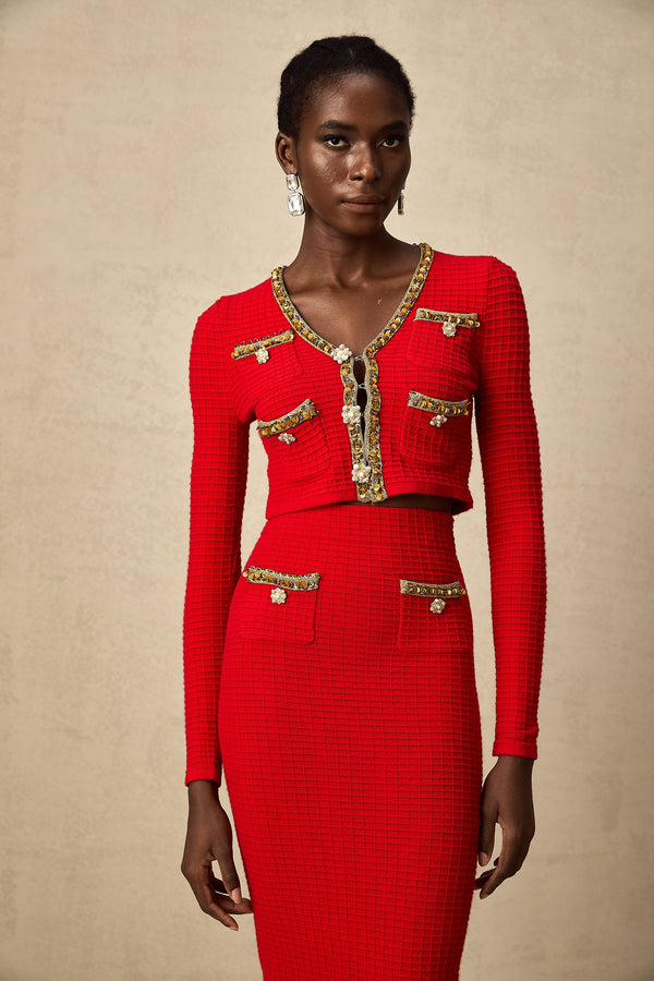 Axelle red embellished knitted cardigan & skirt matching set