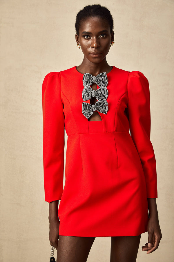 Clemence red studded-bow split mini dress (US Only)
